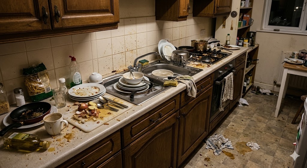 Before cleaning - messy kitchen